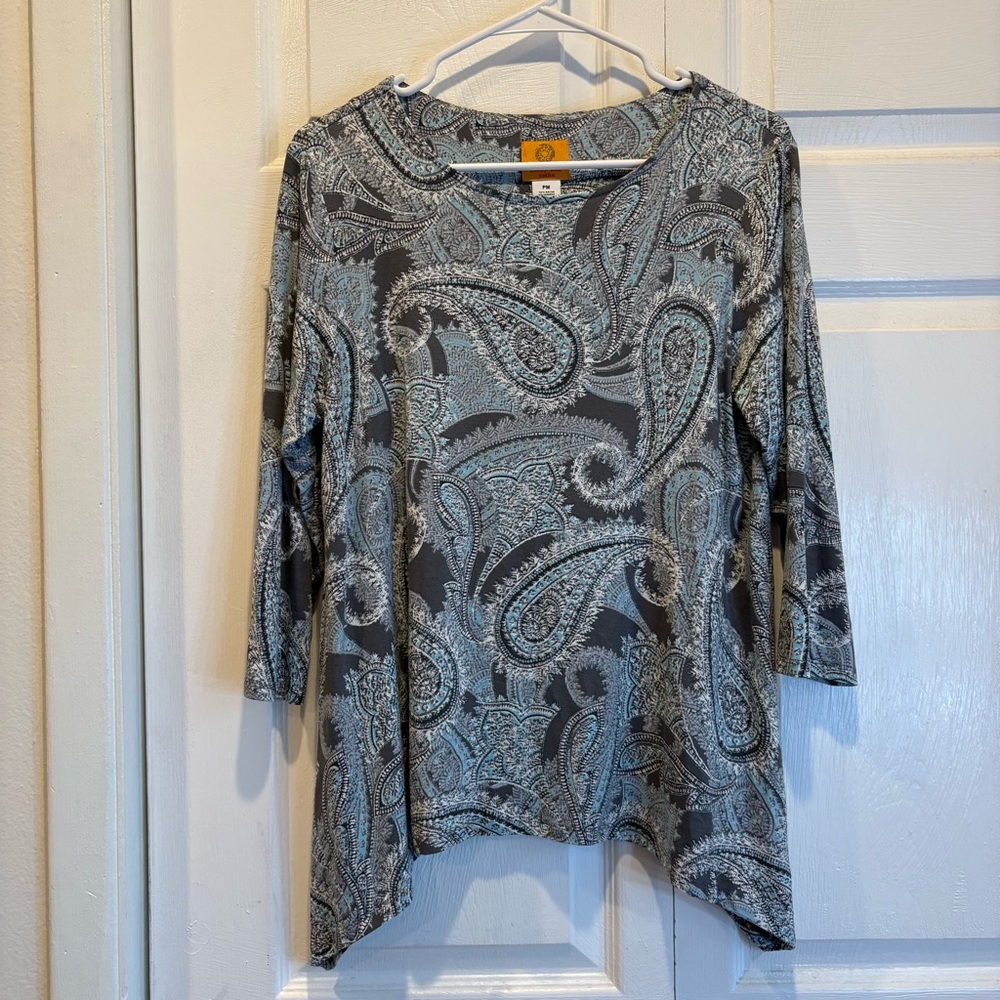 Ruby Rd Petite Gray & Blue Quarter Length Sleeve Flowy Top - Size Petite Medium